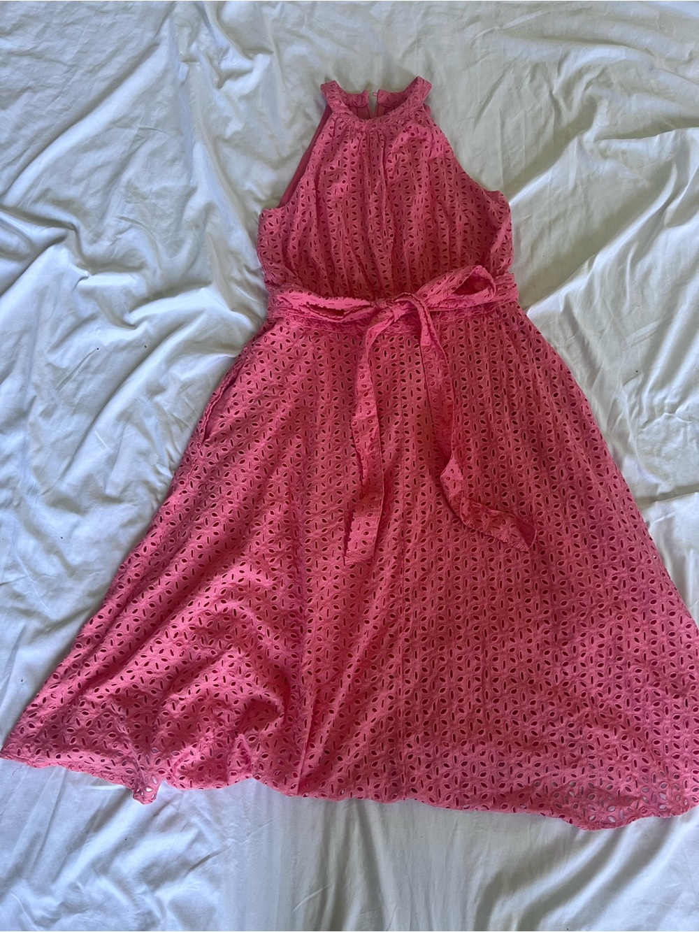Women’s ' Pink Eyelet Halter Dress with Waist Tie